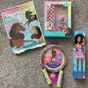 Barbie Doll Disney princess jump rope, activity pack, and hair accessories
